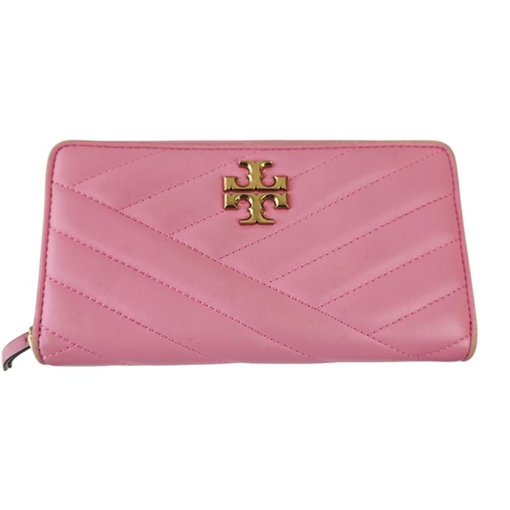 Tory Burch Kira Chevron Zip Continental Wallet Pink Leather Gold Logo